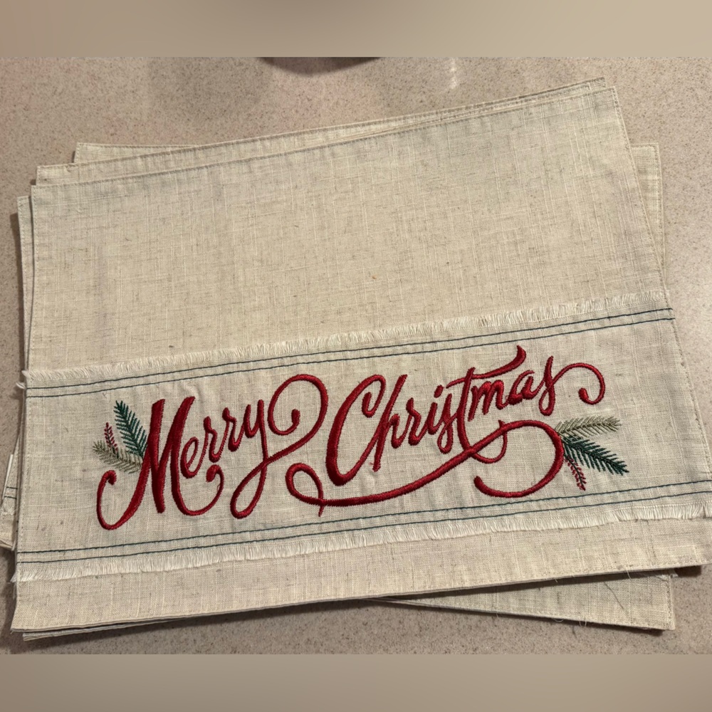 Set of 4 St. Nicholas Square Merry Christmas Placemats - Red and Cream -